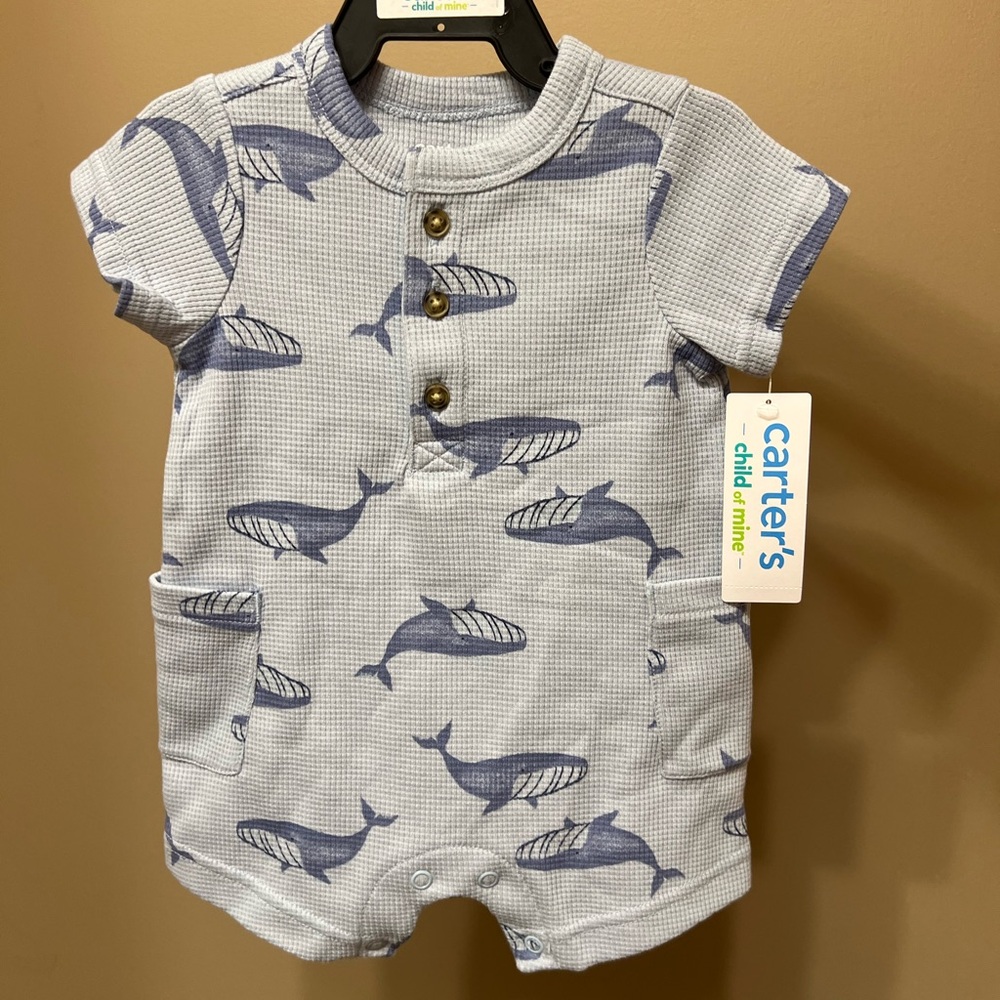 Child of Mine Blue Whale Romper Waffle Knit Size 0-3 months